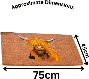 Decorative coir doormat with Highland Cow design.