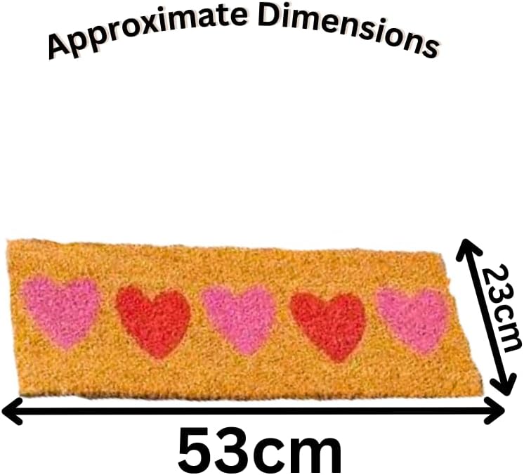 Natural coir doormat with decorative love heart design.