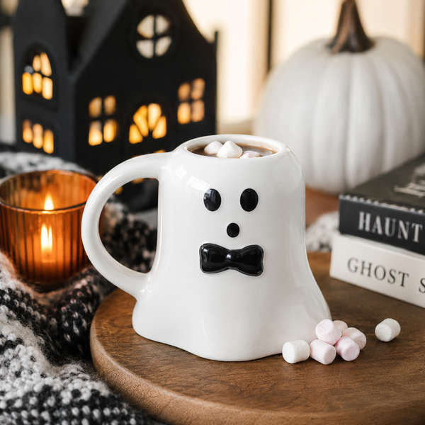 A white ceramic ghost-shaped mug with a black face and bow tie, filled with a hot drink and topped with marshmallows, styled on a wooden board with a candle, books, and pumpkins in the background.