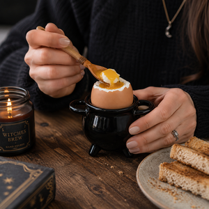 A person in a black sweater sits at a rustic wooden table, using a wooden spoon to add melted butter to a hard-boiled egg inside a small black cauldron. A lit 'Witches Brew' candle, a book, and toast are visible on the table.