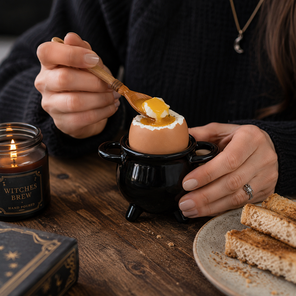 A person in a black sweater sits at a rustic wooden table, using a wooden spoon to add melted butter to a hard-boiled egg inside a small black cauldron. A lit 'Witches Brew' candle, a book, and toast are visible on the table.