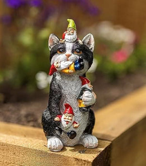 Resin cat and gnome decoration for patios and lawns