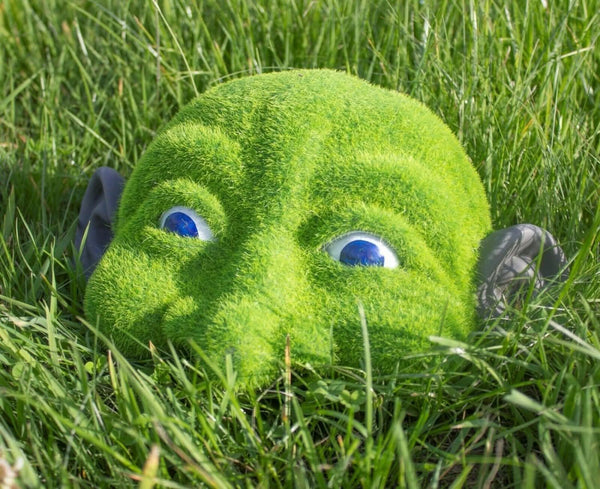 Decorative peeking head positioned on hedge