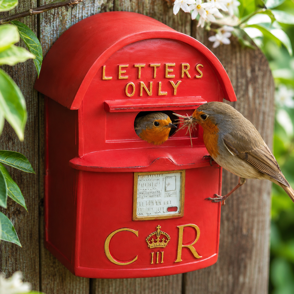 Red outdoor bird house displayed in garden