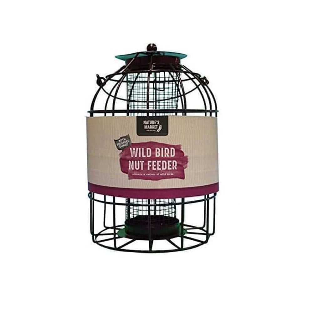 Caged nut bird feeder with squirrel guard