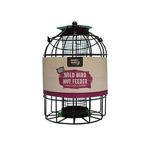 Metal hanging bird feeder designed for nuts