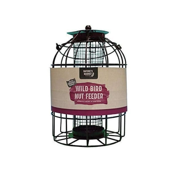 Metal hanging bird feeder designed for nuts