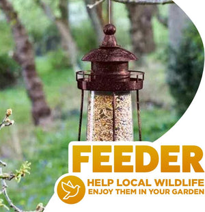 Decorative bird feeder filled with nyjer seed