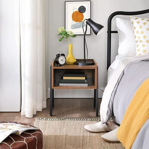 Wooden end table positioned beside a sofa