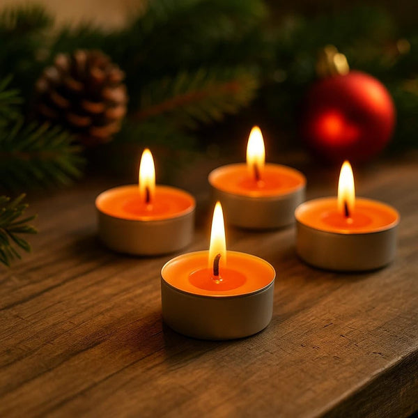 Twenty spiced orange candles arranged together