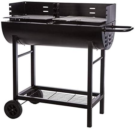 large charcoal BBQ grill with side shelves