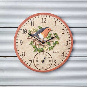Rustic outdoor clock with decorative robin design