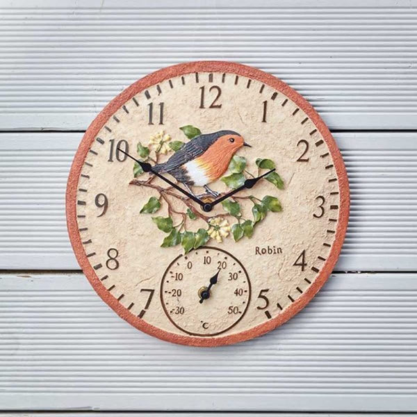 Rustic outdoor clock with decorative robin design