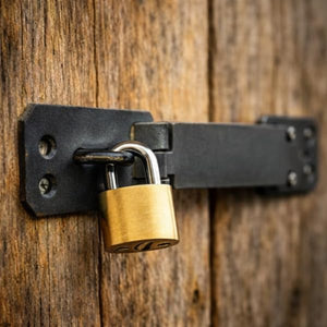 Heavy-duty hasp and staple for garage doors.