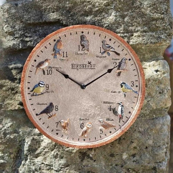 Bird design outdoor wall clock with built-in thermometer.