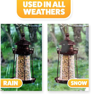 Lighthouse style bird feeder attracting garden birds