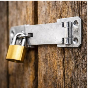 Heavy-duty hasp lock for storage unit doors.