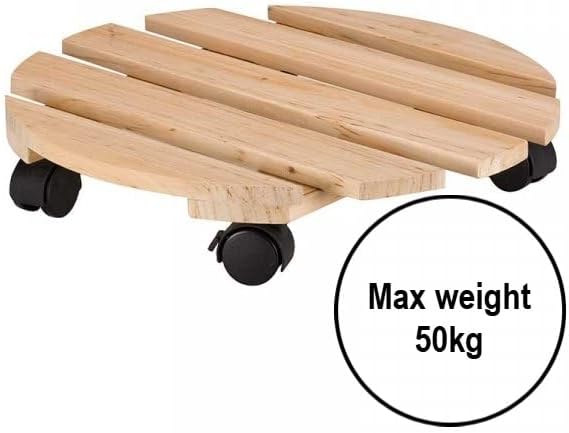 Weather-resistant wooden plant caddy for garden pots.