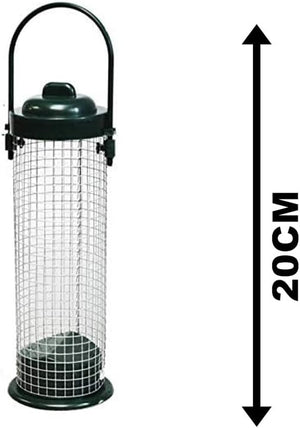 Outdoor nut bird feeder suspended from a tree branch.