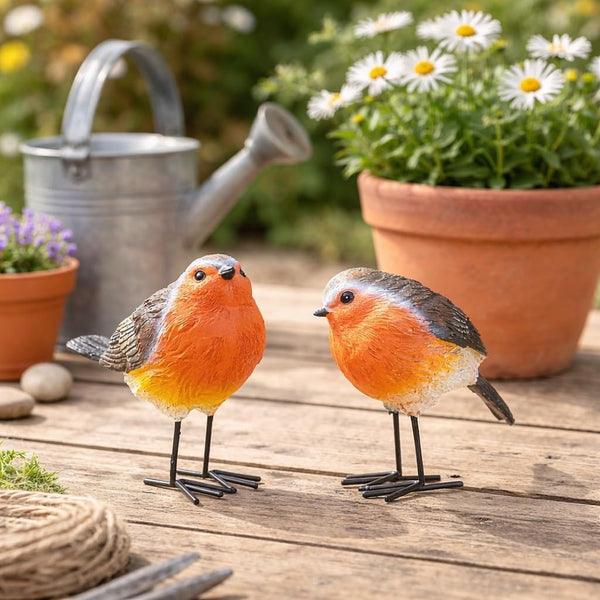 Decorative robin ornaments for flower beds