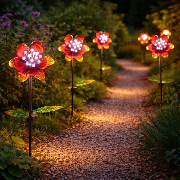 Solar-powered decorative flower stake for pathways