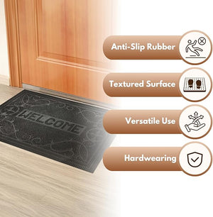 Rubber welcome mat displayed at front entrance