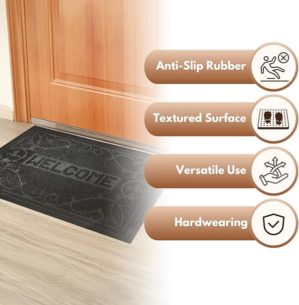 Rubber welcome mat displayed at front entrance