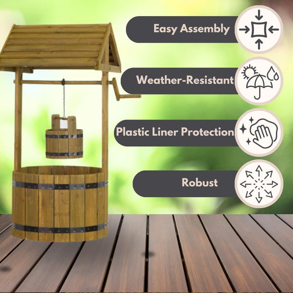 Barrel-style wooden planter with traditional apex roof.