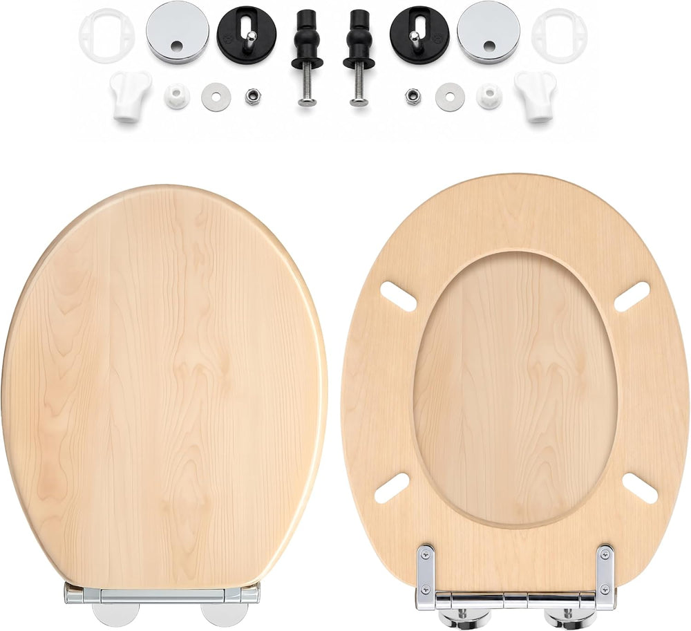 Light pine wood effect MDF toilet seat with soft close lid
