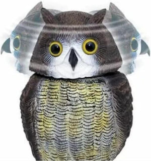 Realistic swivel head owl bird deterrent in garden