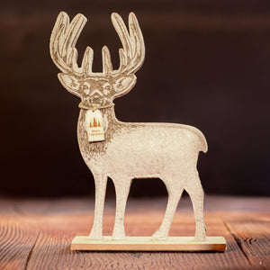 Rustic reindeer ornament displayed on mantelpiece