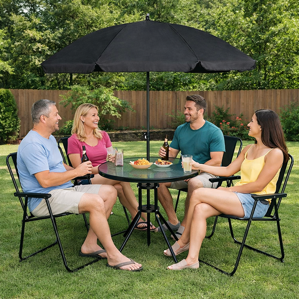 Black garden dining set displayed on a patio