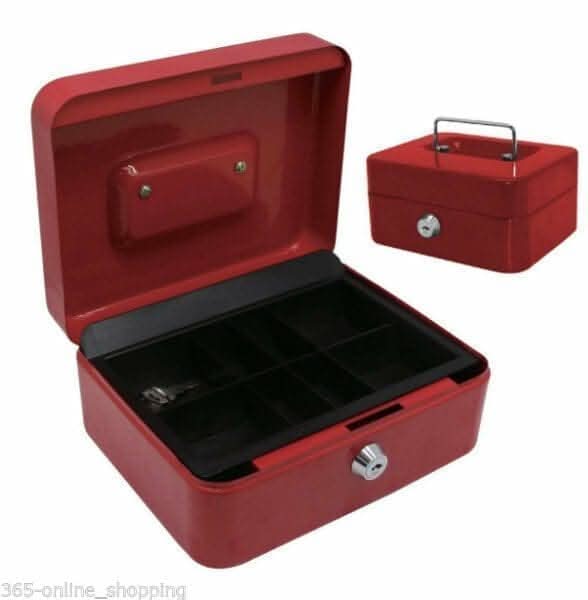 Red metal petty cash box with secure lock