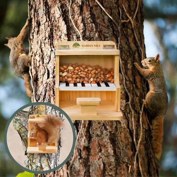 Novelty piano bird feeding station in garden