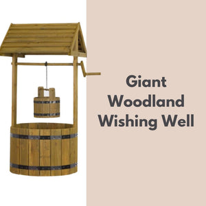 Rustic wishing well flower planter on a garden lawn.