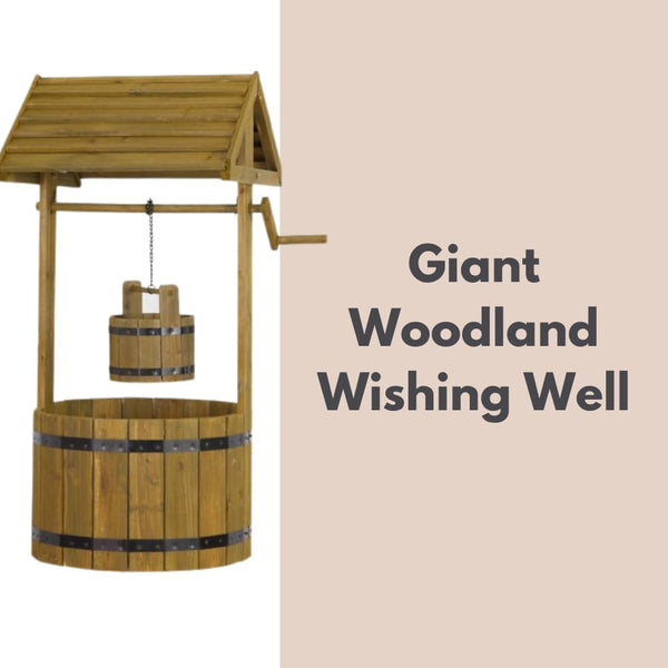Rustic wishing well flower planter on a garden lawn.