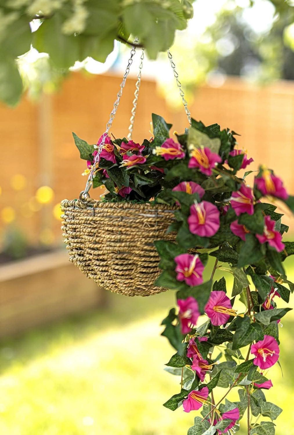 Artificial pink floral hanging basket