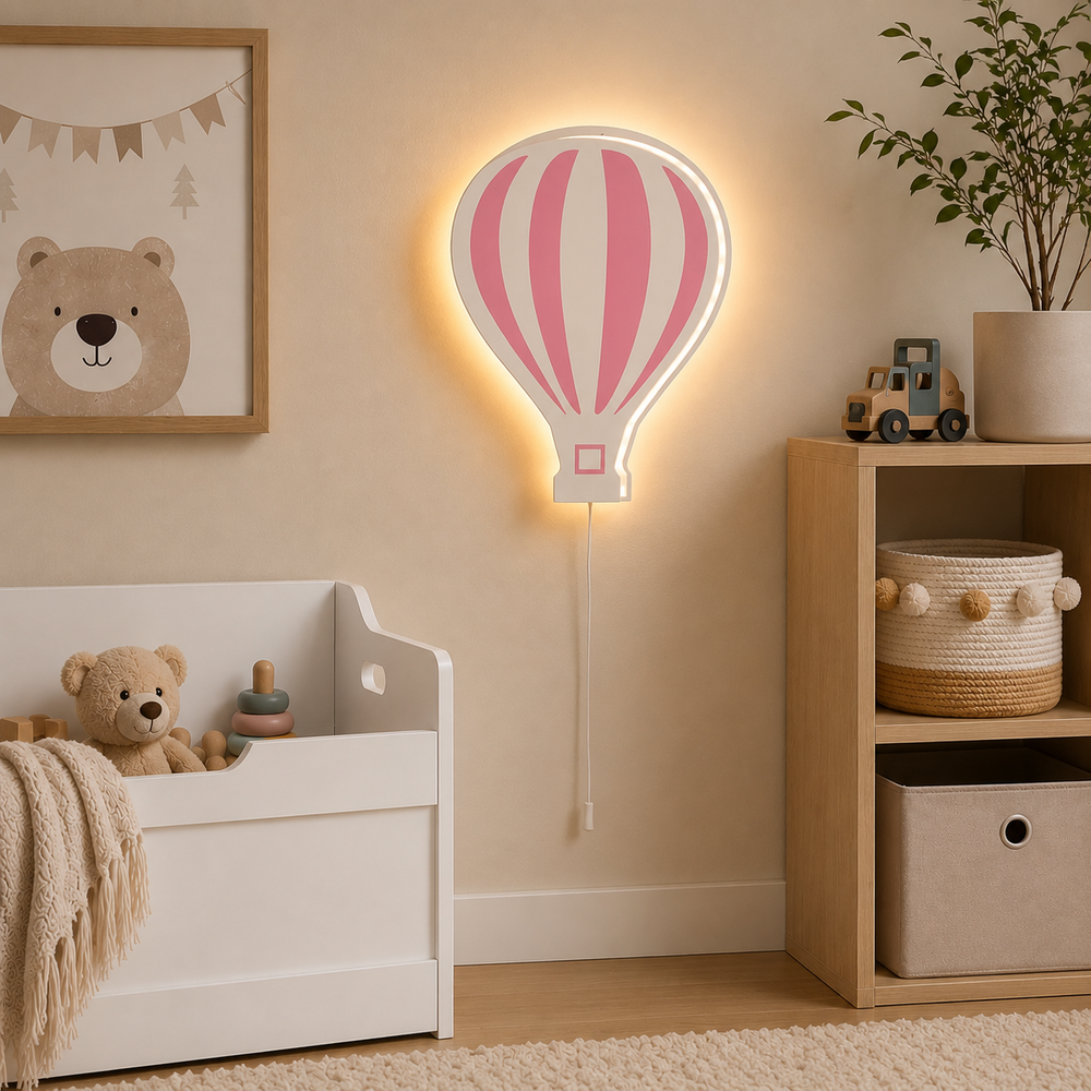 Pink hot air balloon wooden LED night light for nursery
