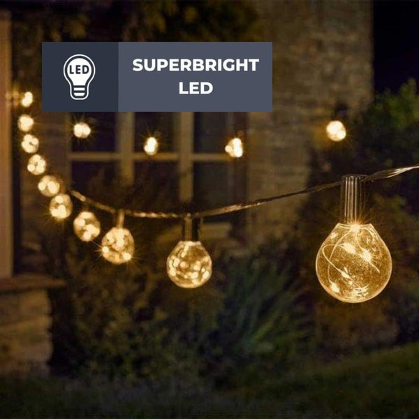 Warm white garden lights hanging across a fence.
