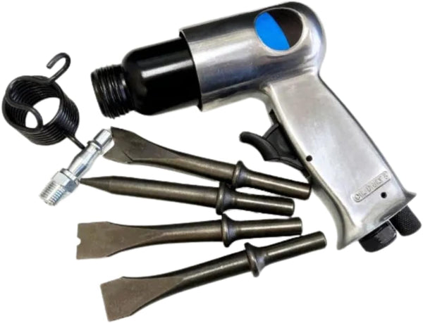 Pneumatic air hammer kit with four steel chisel bits.