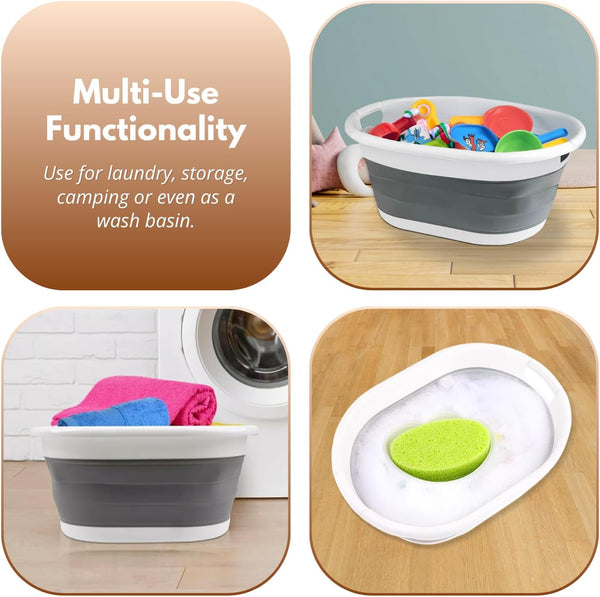 Fold flat washing basket in grey.