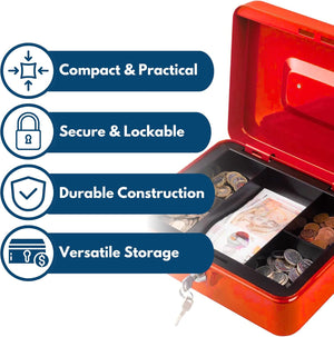 Compact lockable cash tin in red.