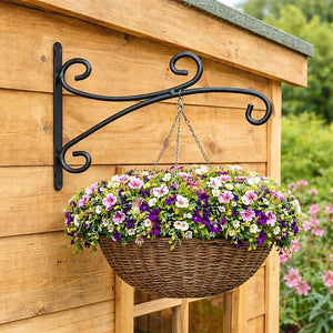 Curved metal bracket for flower baskets