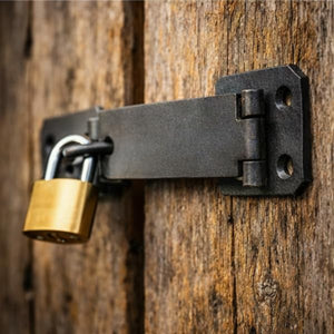 Weatherproof hasp lock for garden storage units.
