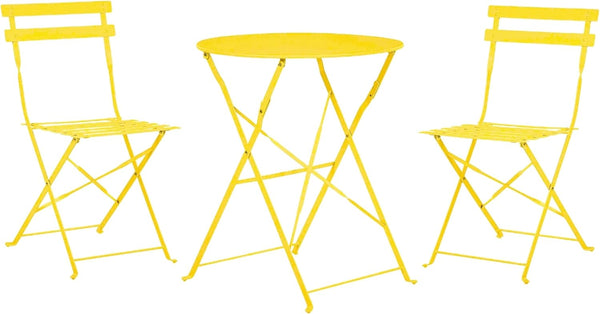 Compact metal garden table with folding chairs