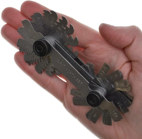 Stainless steel folding thread checker tool.