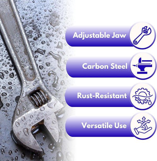Large adjustable wrench with ergonomic handle.