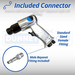 Pneumatic demolition hammer with four chisel attachments.