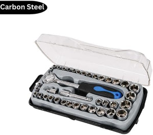 Metric and imperial sockets arranged inside carry case