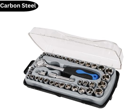 Metric and imperial sockets arranged inside carry case